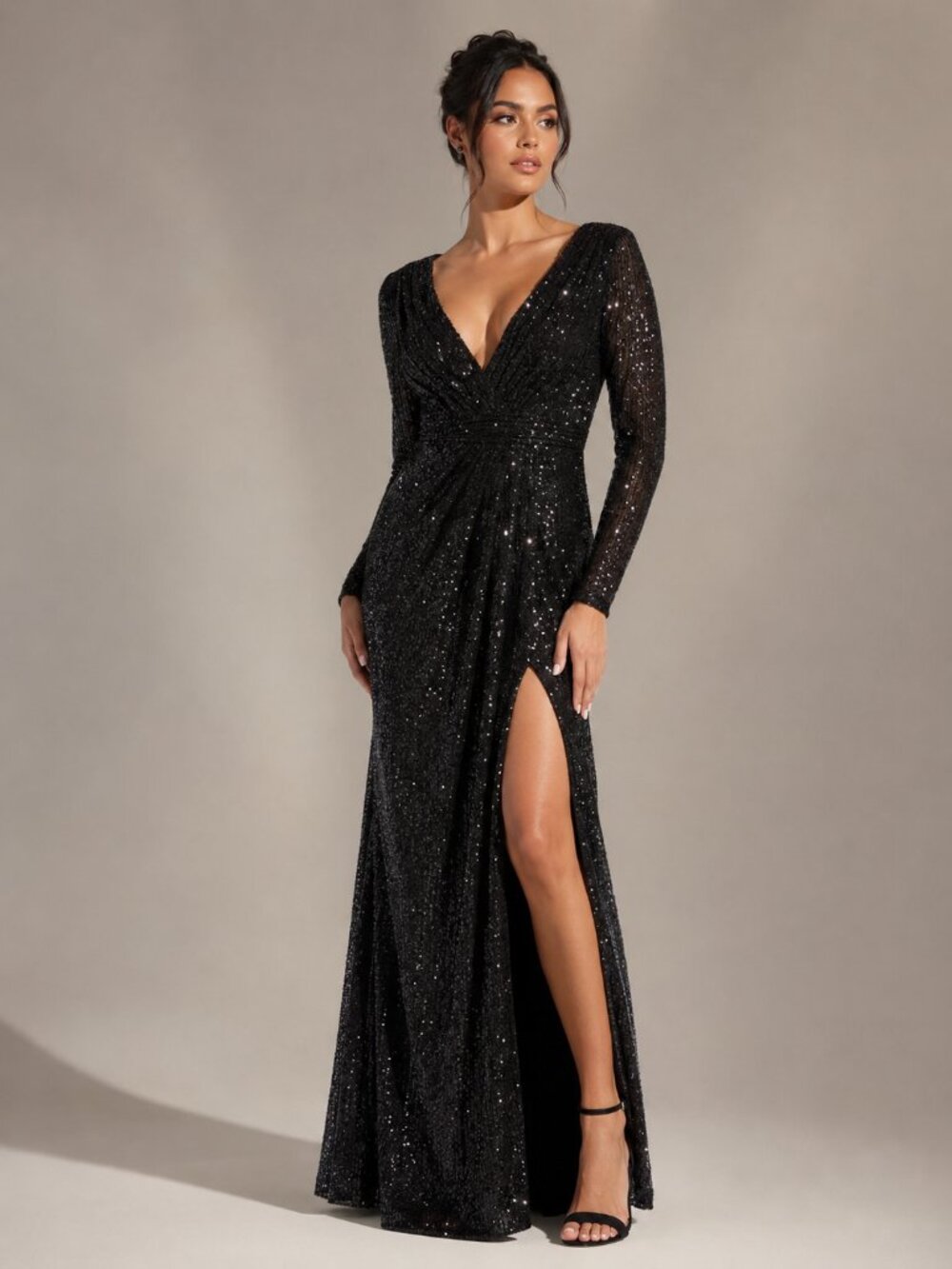 Ieena for Mac Duggal 26490 Black Sequined Long Sleeve Gown $398 MSRP